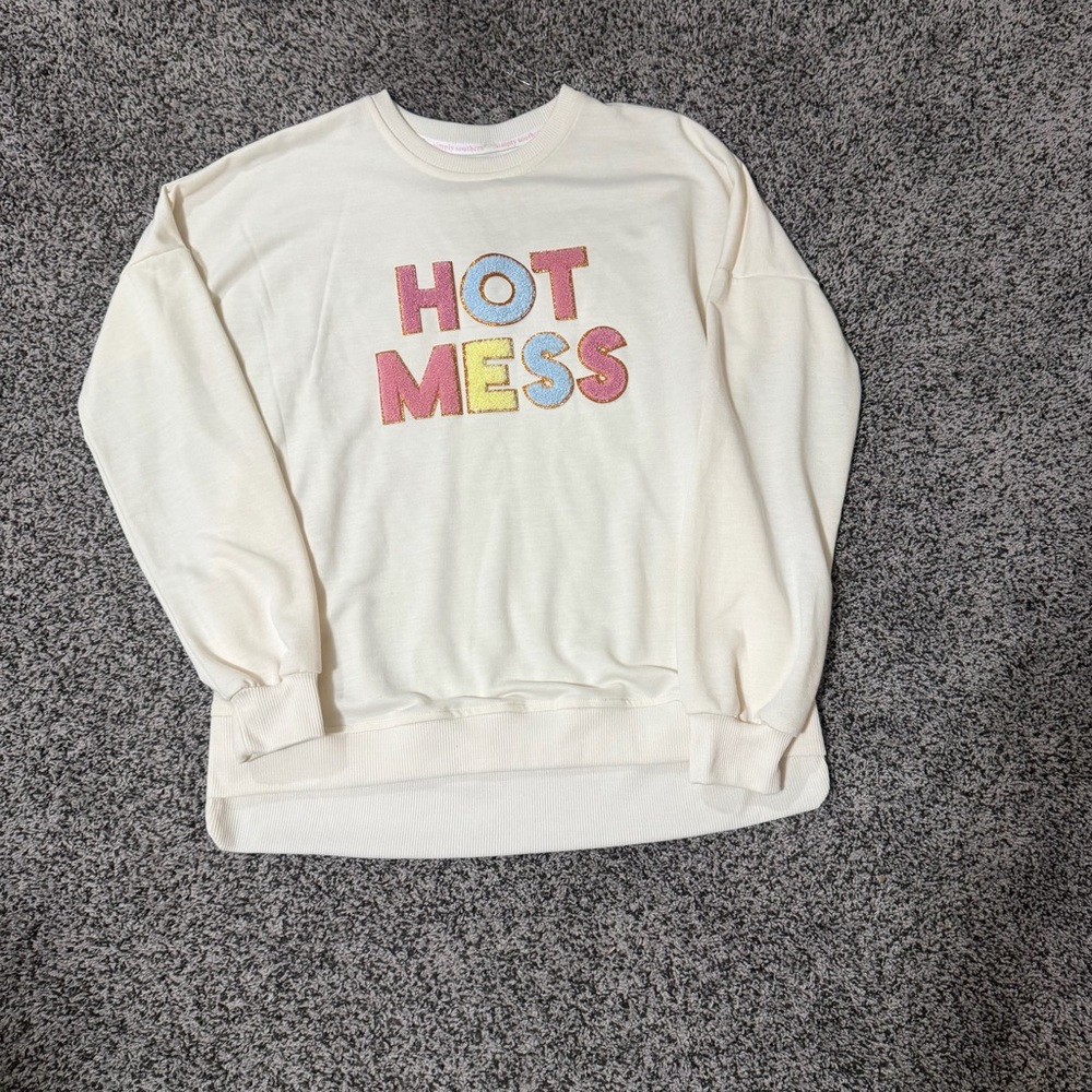 Simply Southern Sweatshirt Women Small Cream Hot Mess Chenille Glitter Pockets